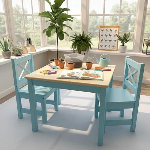 Miniatura 8 de PETIT BATEAU Juego de mesa y 2 sillas de madera maciza para niños pequeños, muebles de madera modernos con diseñador irlandés para 2 a 8 años, azul