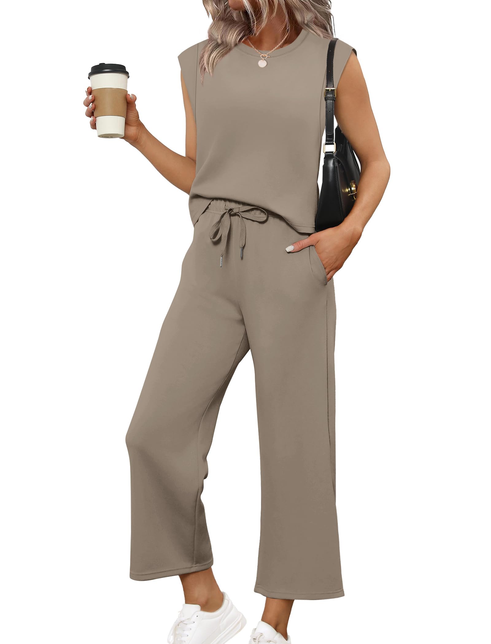 SAMPEEL Two Piece Sets for Women Casual Travel Vacation Outfits Summer Wide Leg Crop Pants Lounge Sets