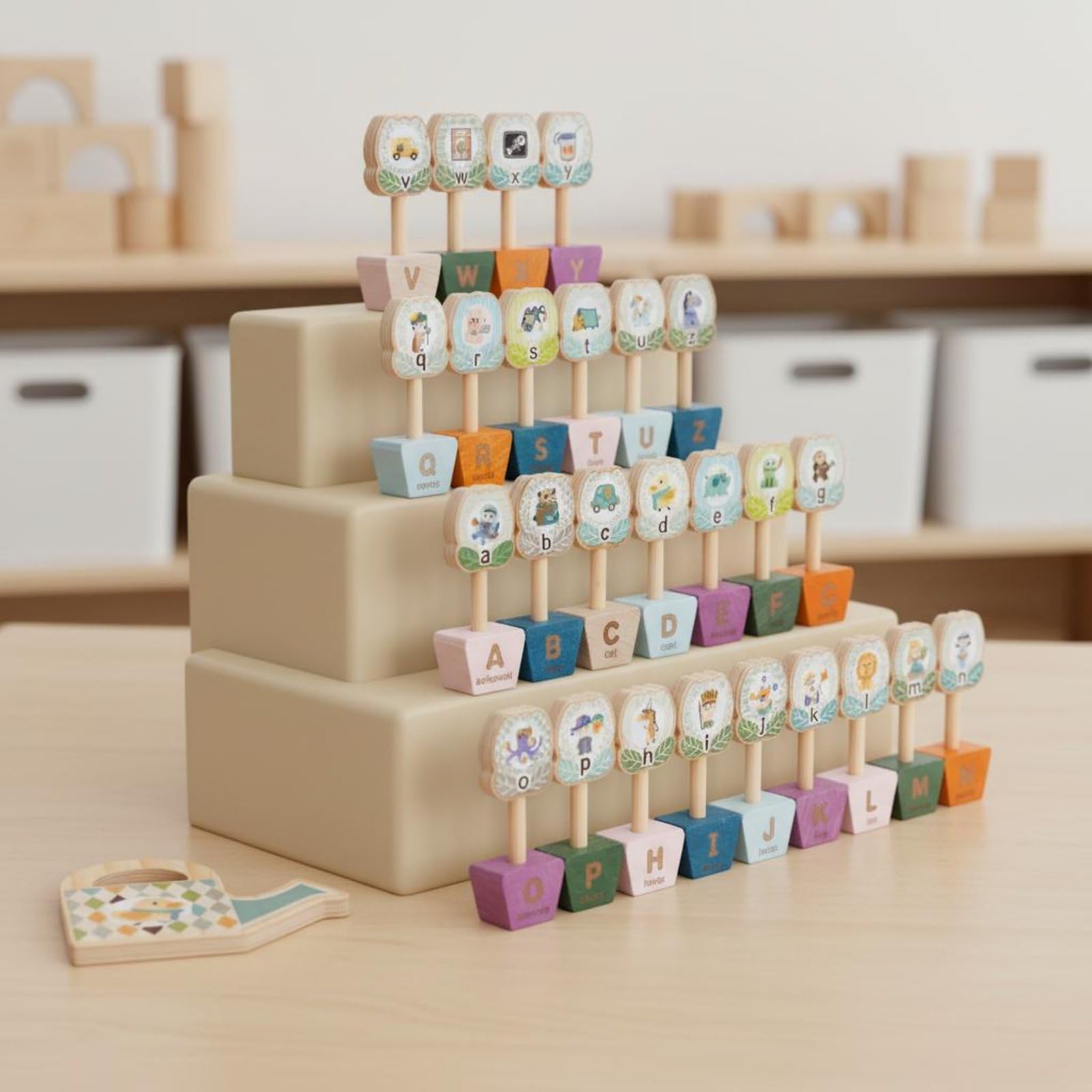 Jouet Éducatif Alphabet Enfant Lettres Majuscules Minuscules Jeu Reconnaissance Mots Images Bloc Tri Fleurs Pot Bois Activité Sensorielle Motricité