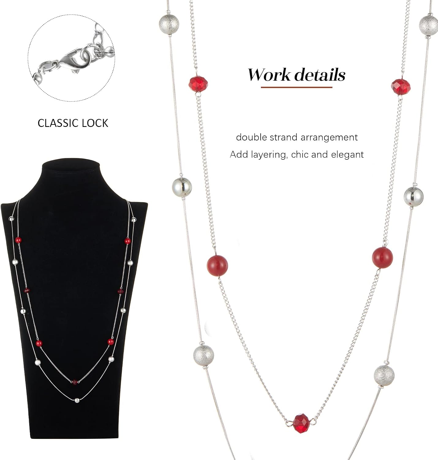 Silver Layered Long Necklace for Women Pearl Crystal Sweater Strand Chain Necklaces Fashion Gifts
