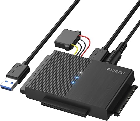 FIDECO Adaptador Lector Discos Duros USB 3.0 para 2,5'' y 3,5'' IDE y SATA HDD/SSD, CD-ROM, CD-RW, DVD-RW, Soporta 16TB MAX, Incluye Adaptador de Corriente 12V 2A | Convertidor SATA e IDE, 5 Gbps, alta velocidad, adaptador de corriente 12 V, hasta 24 TB, Plug and Play