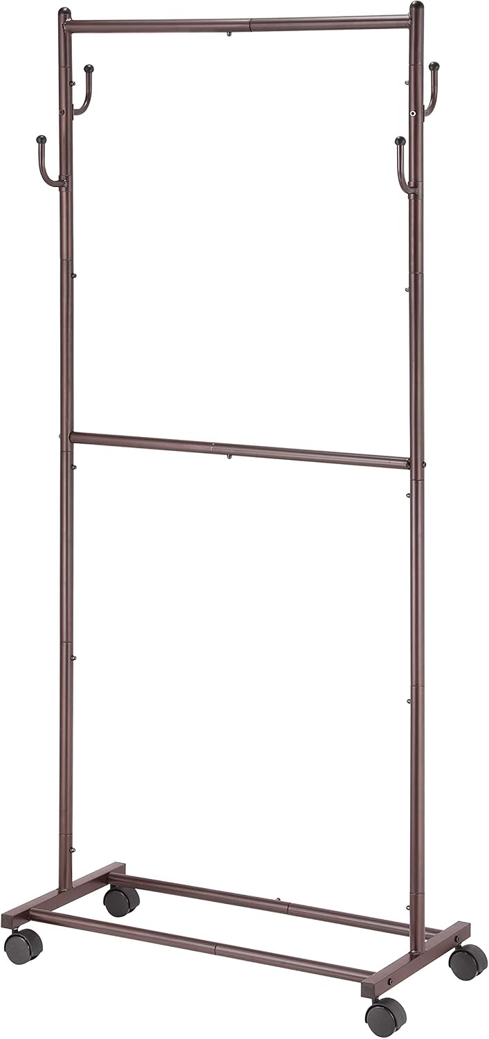 Simple Trending Double Rod Clothes Garment Rack, 4 Hooks Rolling Clothing Organizer with Wheels, Bronze