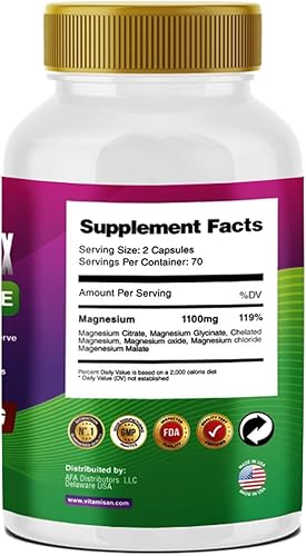 Miniatura 4 de Vitamisan Magnesio de alta absorción 6 formas de citrato de magnesio glicinato quelatado óxido de malato 140 cápsulas sin gluten sin OMG