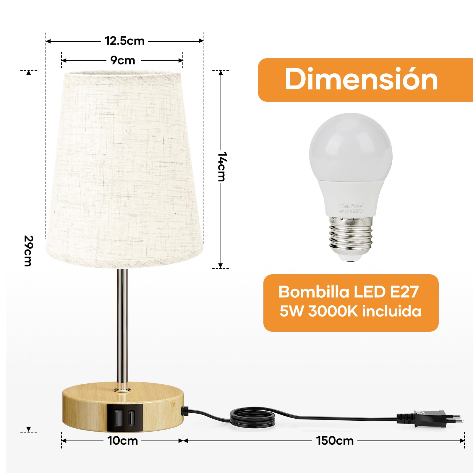 Suright Lámparas de Mesita de Noche Táctil con Puertos de Carga USB A+C, Lámpara de Noche Regulable con 3 Niveles de Brillo, Lámpara de Mesa Pequeña para Dormitorio Salón Oficina (Bombilla Incluida)