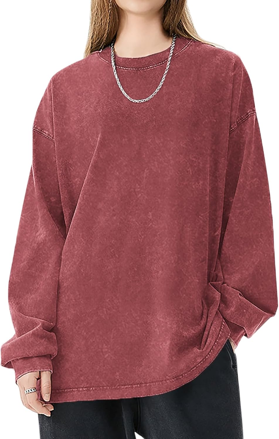 Oversized Tshirts for Women Heavy Cotton Acid Wash Vintage Unisex Long Sleeve Casua...