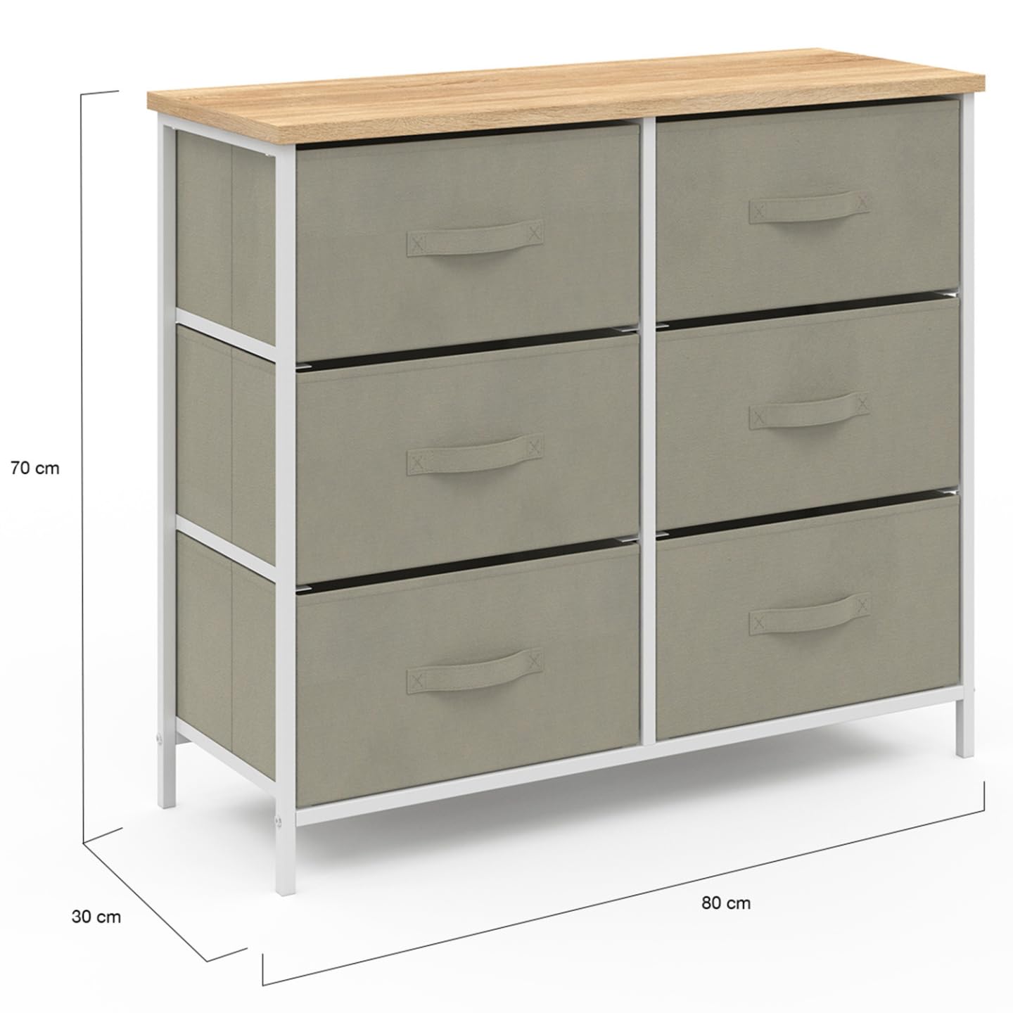 IDMarket - Commode 6 tiroirs en Tissu Alta 80 cm Gris Clair et Plateau Effet Bois Design Industriel