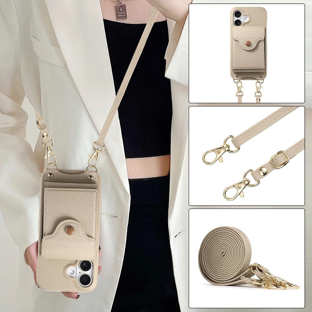 Crossbody Case for iPhone 17/17 Air/17 Pro/17 Pro Max, Organ Wallet Case with Card Holder and Makeup Mirror Stylish Leather Cover Beige