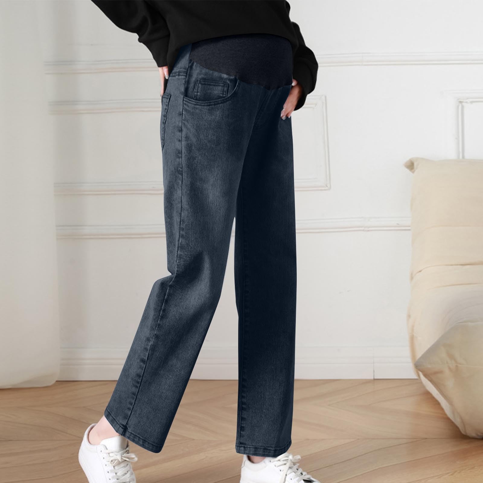 Umstandsjeans Damen Gerader Umstandshose Denim Schwangerschaftsjeans über dem Bauch, Skinny Hose mit Taschen Freizeithose Lange Elastisch Jeans für Schwangerschaft Bequem Jeans