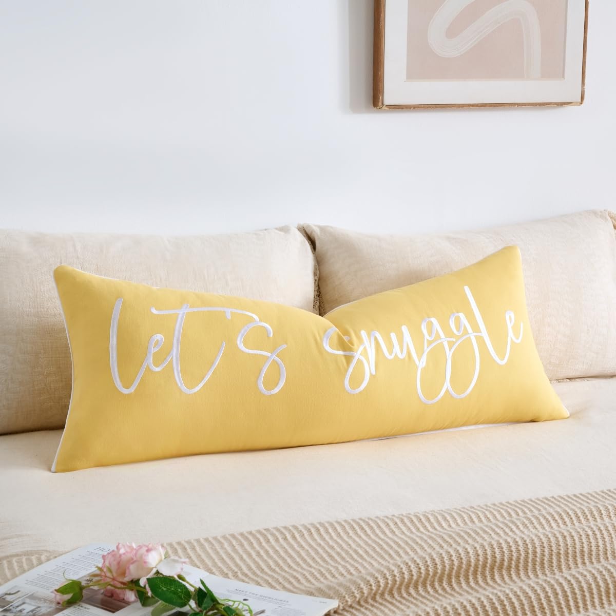 Sunkifover Let's Snuggle Decorative Lumbar Pillow Cover 14"x36" Yellow — image 1