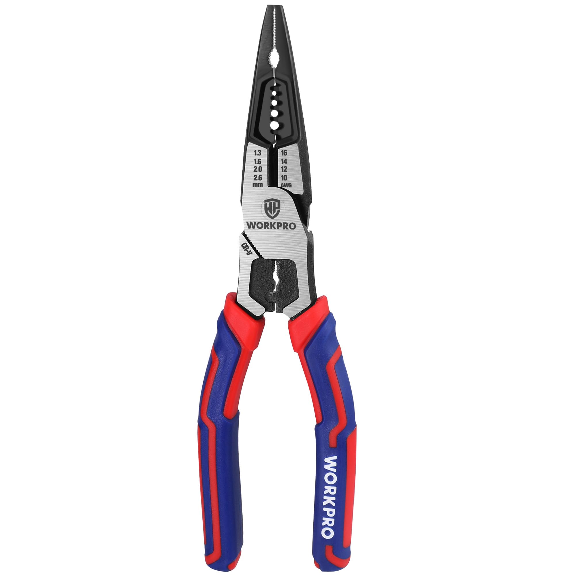 WORKPRO Spitzzange 195mm Flachrundzange Multifunktionale Zange Cr-V Stahl Drahtschneider zum Abisolieren Kabelschneiden, für Heimwerker, Profis, DIY, Reparatur