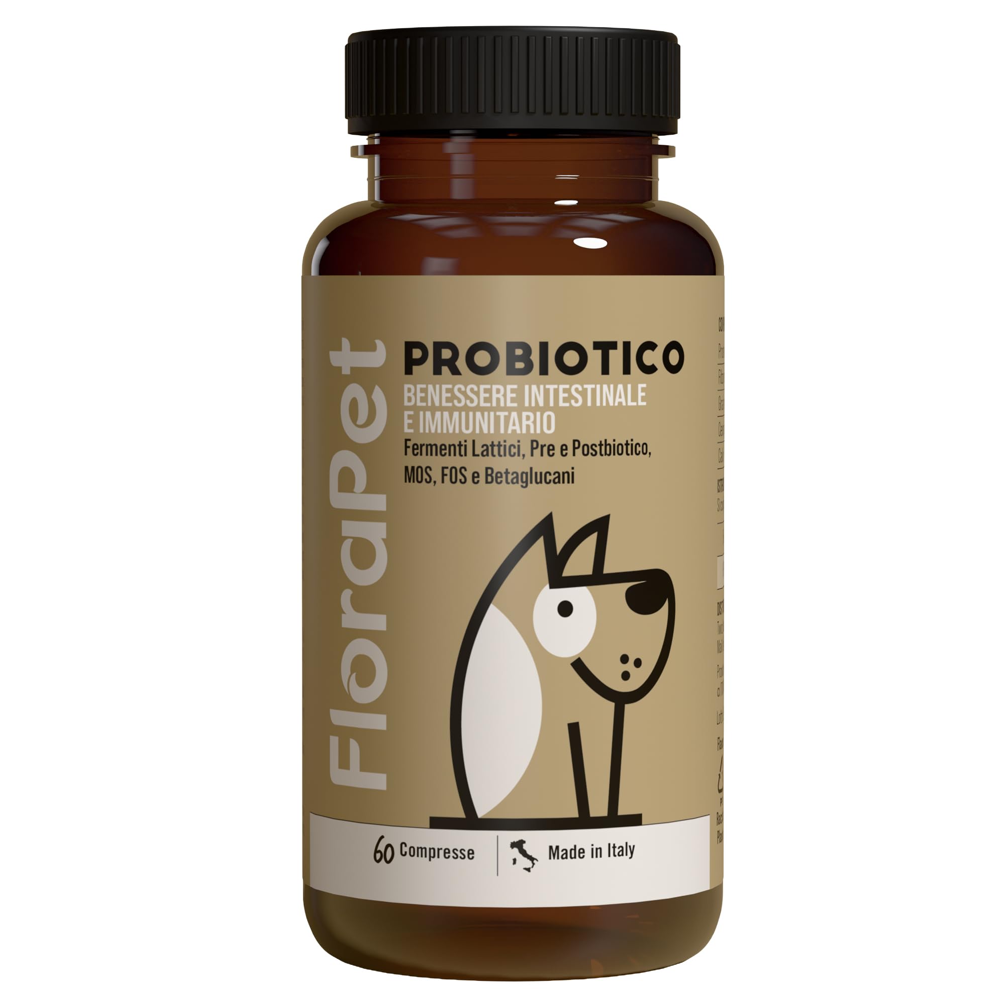 FloraPet Probiotico per cani, Fermenti lattici cane, combatte diarrea cane, Salute intestino, Probiotico digestivo, prurito cane con Prebiotici naturali 60 compresse Made In Italy