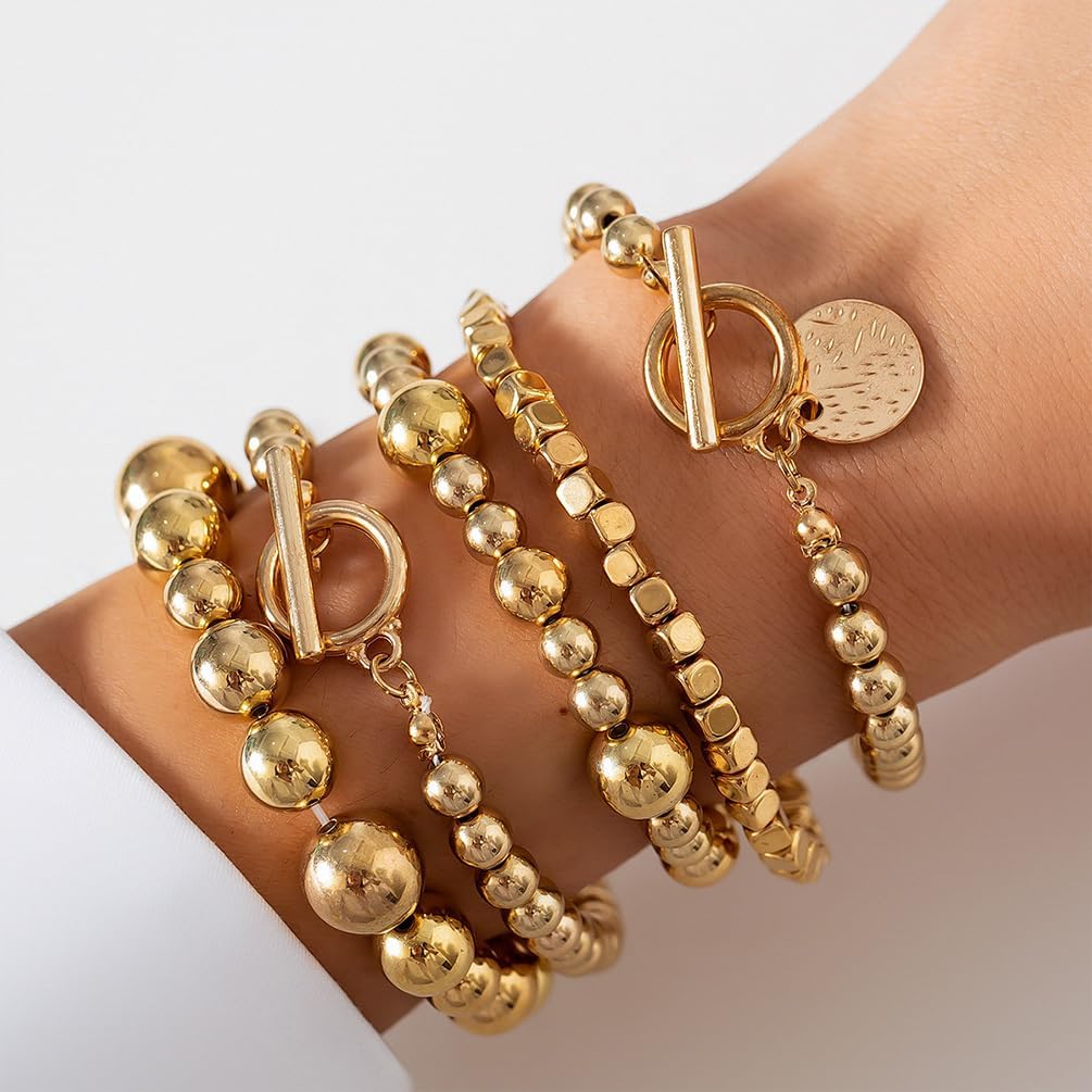 5Pcs Gold Silver Beaded Bracelets Stackable Set for Women Trendy, Vintage Ball Beads Stack Disc Coin OT Buckle Statement Stretch Bracelet Party Jewelry - Image 5