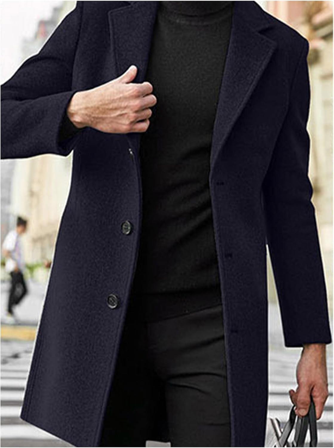 SOMTHRON Men's Casual Trench Coat Notched Lapel Mid Length Jacket Overcoat Single Breasted Winter Warm Pea Coat - Image 3