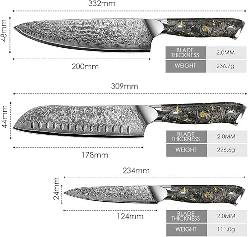 Miniatura 8 de Kuwata Juego de cuchillos de chef, 3 piezas de acero inoxidable de alto carbono de Damasco serie VG10, juego de cuchillos de cocina de acero