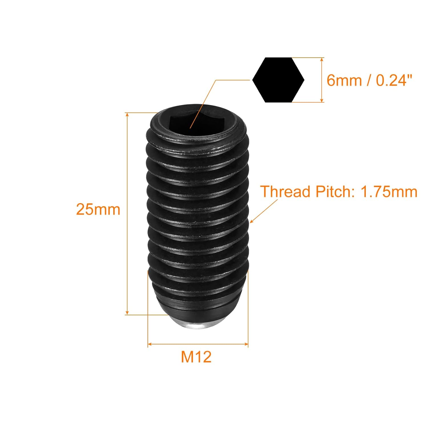 Ball Point Set Screws, 2pcs M12 x 25mm High Carbon Steel Metric Spring Hex Socket Grub Screw
