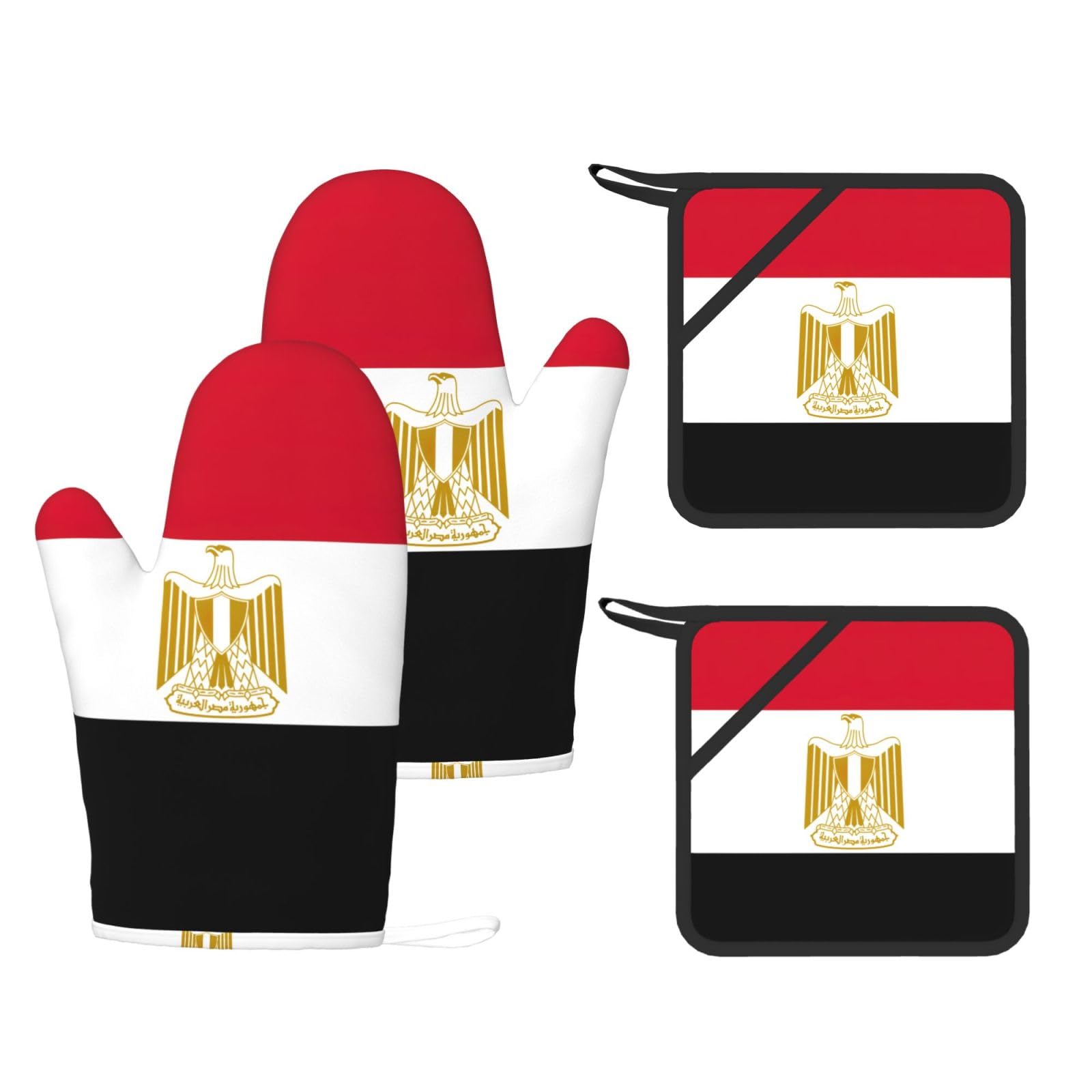 Nimongt Black Egyptian Flag Print Heat Resistant Gloves Pads Reusable Kitchen Set Oven Baking Grilling Cooking