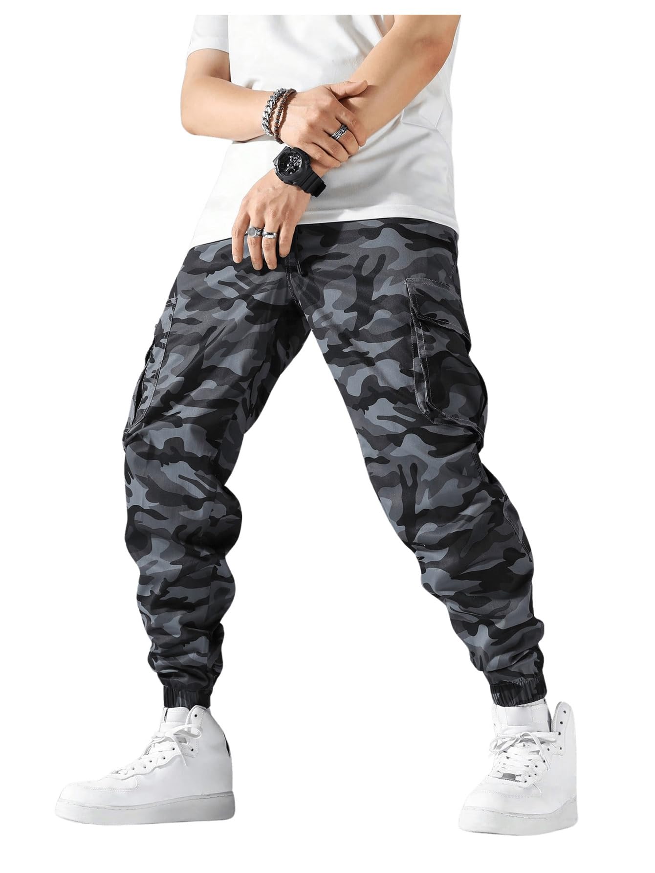 OYOANGLE Men's Camo Casual Joggers Pants Drawstring Waist Streetwear Tapered Pant with Pockets