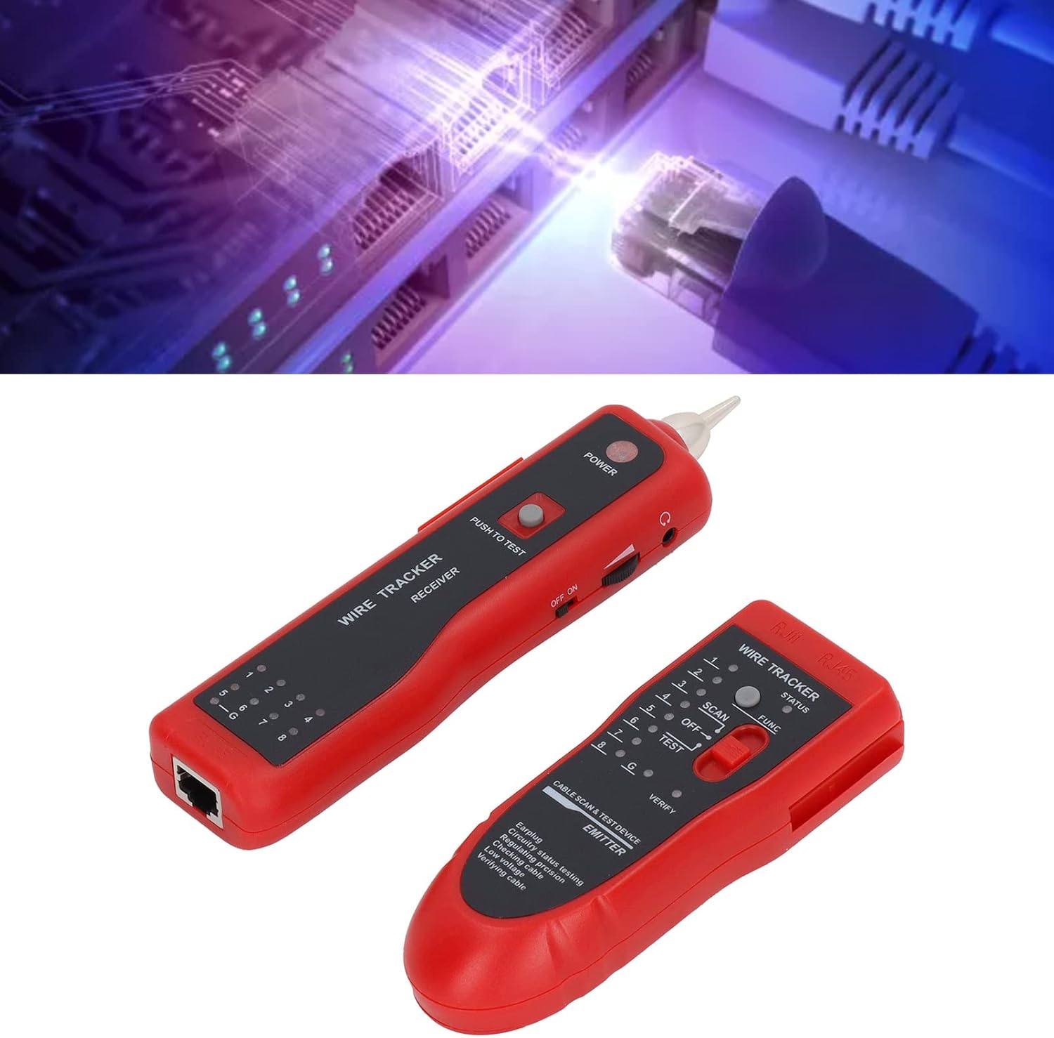 Network Cable Tester, Telephone and Ethernet Cable Tester, Continuity Tester, Adjustable Sensitivity, Easy Manipulation POE Tester, Multifunctional Line Finder with 2 Test Cable