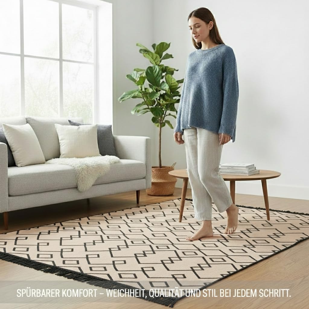 Jimri Teppich Läufer - Tepiche für Wohnzimmer, Schlafzimmer, Küche, Kinderzimmer, Badezimmer - Boho Kelim - Läufer Flur, Schwarz-Beige, Größe: 160x230 cm