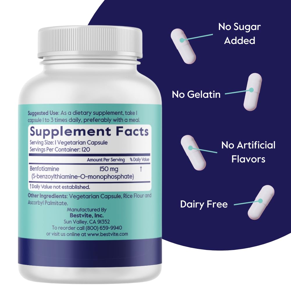 BESTVITE Benfotiamine 150mg (120 Veg Caps) - No Stearates - Vegan — Amazon image 3