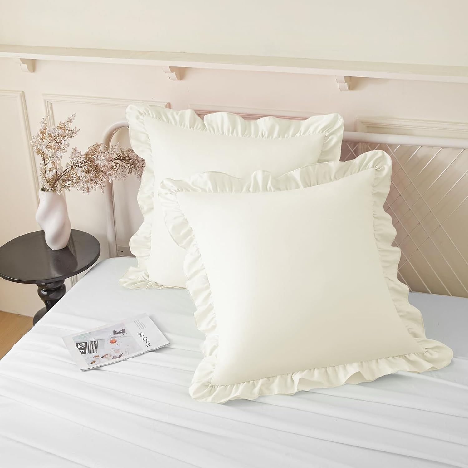 KKJIAF Ruffle Pillow Cases 22x22 Inches, Beige Square Ruffled Pillow Covers Set of 2, Microfiber Wrinkle Resistant Pillow Shams with Envelope Closure for Sofa Bed Living Room