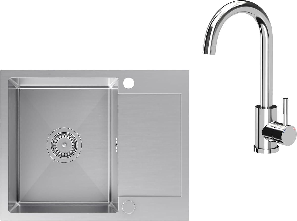 VBChome Edelstahlspüle mit Armatur 60 x 48 cm Gebürsteter Edelstahl Einbauspüle mit Zwei Löcher Spüle Groß Becken Küchenspüle mit Abtropffläche Siphon
