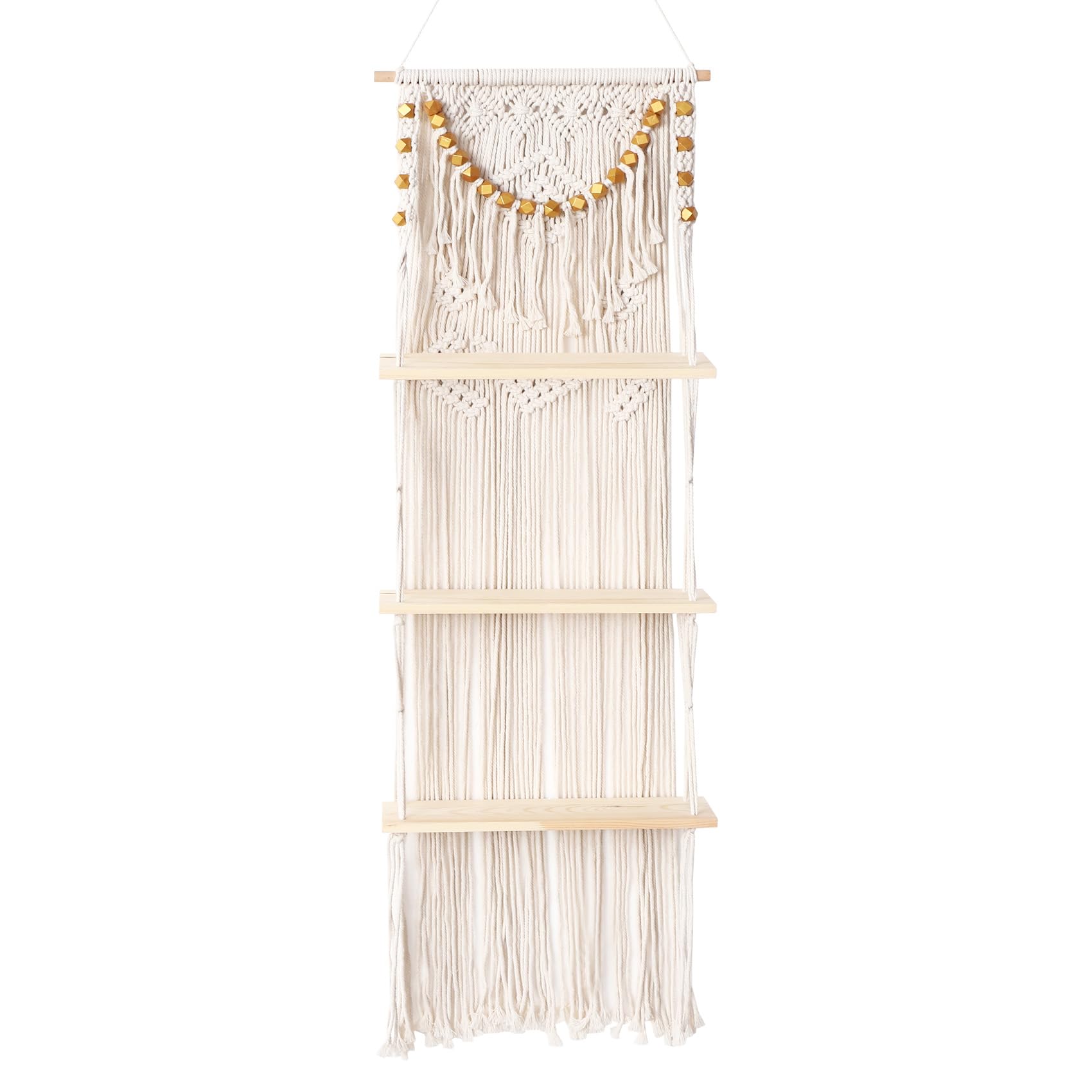 Wupiusa Macrame Wall Hanging 3-Tier Floating Wall Shelves for Bedroom, Bathroom, Nursery, Boho Wall Decor Shelves for Plant Pot