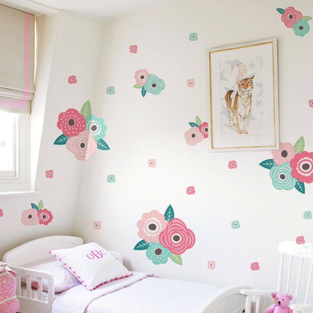 Simple Shapes Spring Garden Flowers Wall Sticker Set - Peel & Stick, Reusable Decor