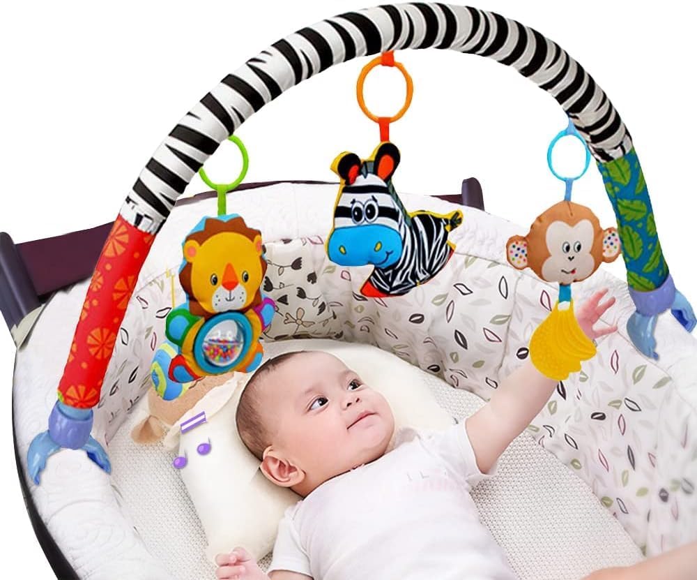 Baby Stroller Toy Bar | 3PCS Sensory Hanging Toys for Baby Bouncer & Stroller Arch| (L85cm,H24cm) Soft Cloth Animal Arch with Rattle, Music Box & Bibi Infant Travel Play for Motor Development