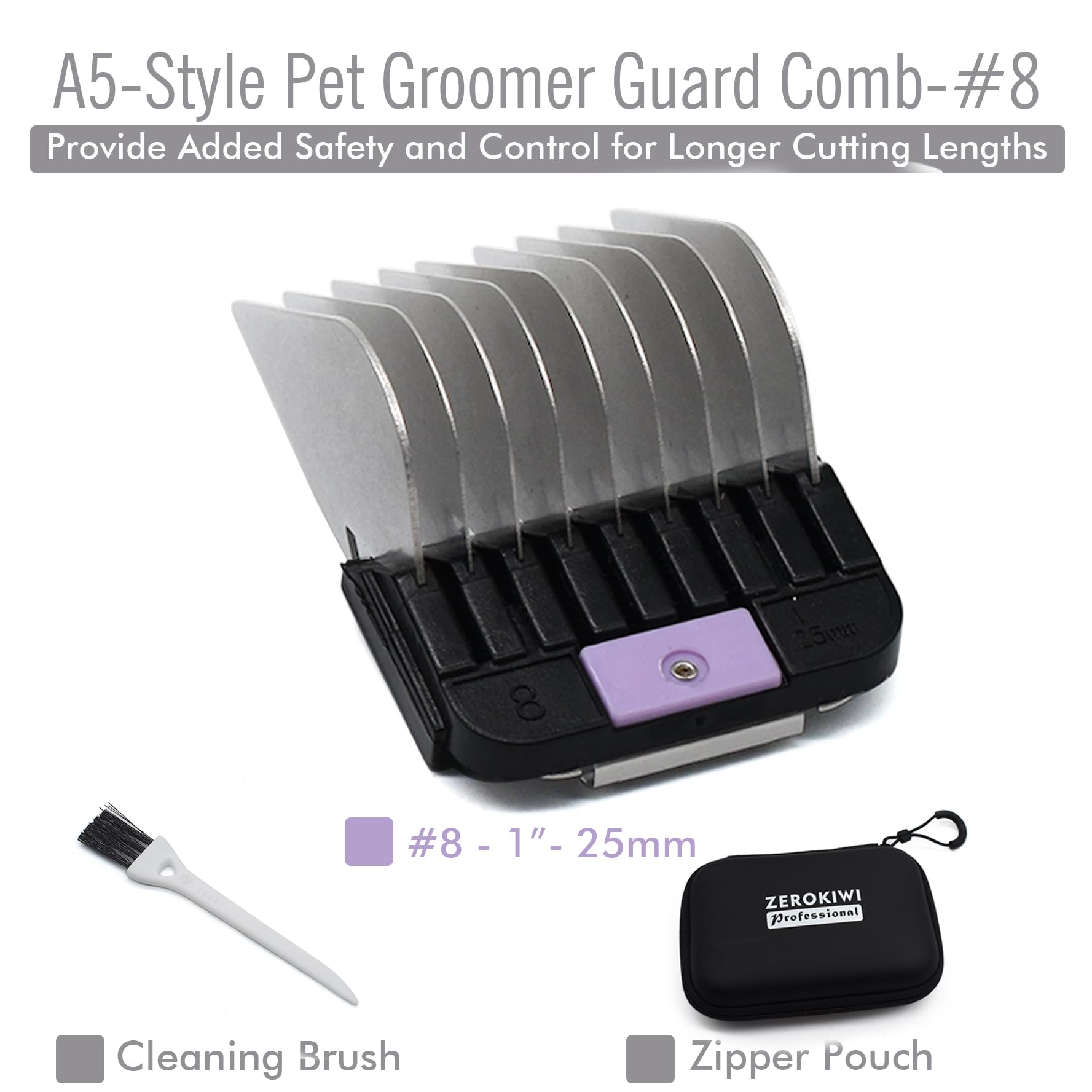 Professional A5 Style Animal Clipper Stainless Steel Color-Coded Snap-on Attachment Guard Guide Comb, 1/8