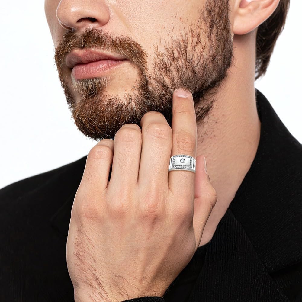 IceCarats 14K Solid White Gold 0.50 carat Diamond Extra Wide Statement Signet Ring 10.3mm Band Round Cut, Natural, Prong Set