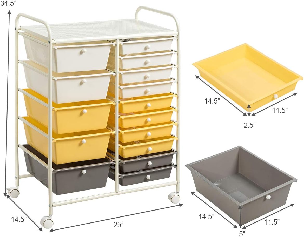 FANTASK 15 Drawers Rolling Storage Cart, Multipurpose Mobile Rolling Drawers Craft Organization w/Drawers & Wheels, Utility Storage Organizer Carts for Scrapbook Paper Supply Kids School Office Home
