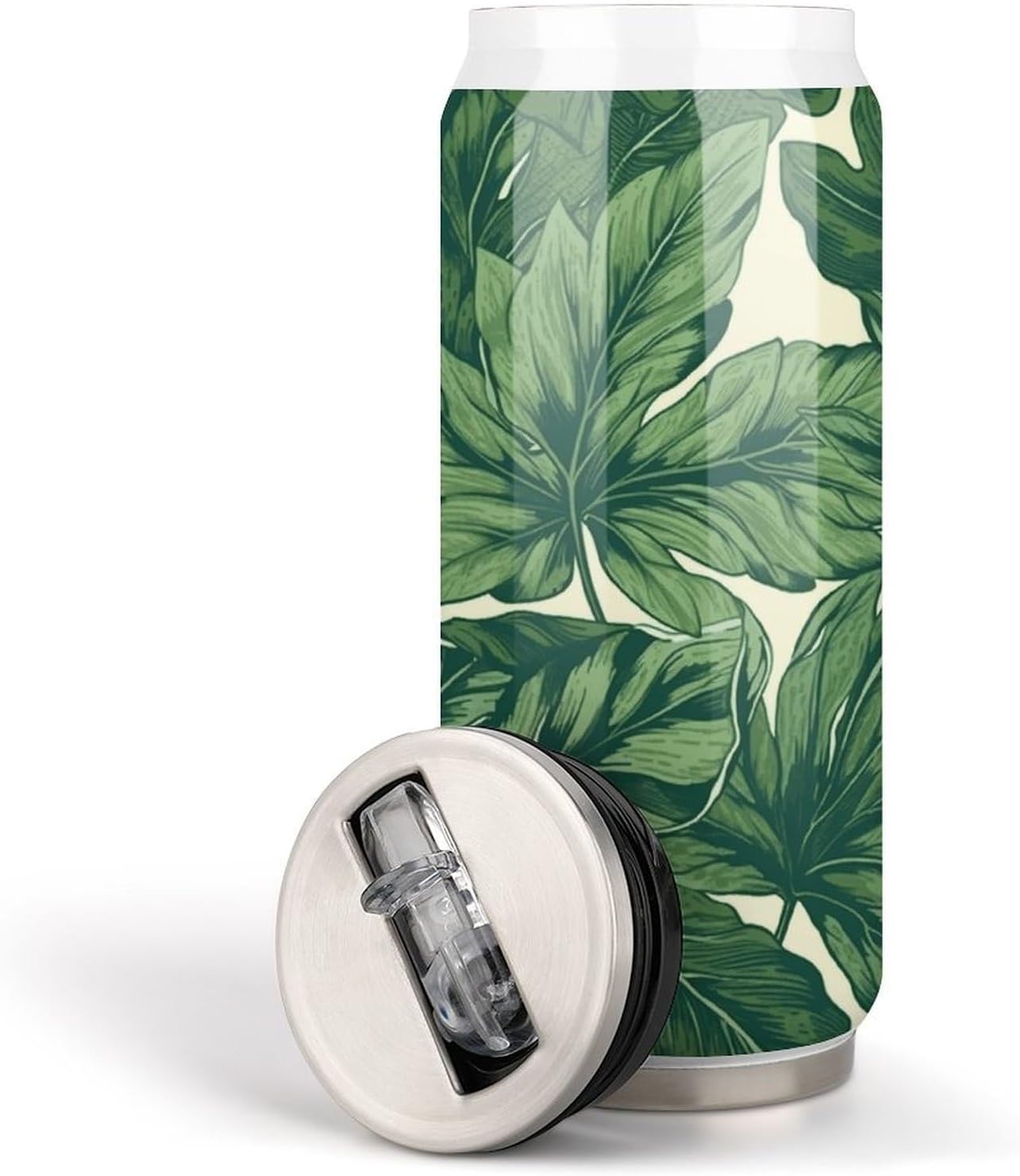 Stainless Steel Cups Green Foliage Botanical Printed Coke Cup Stainless Steel Insulated Cups with Lid And Straw
