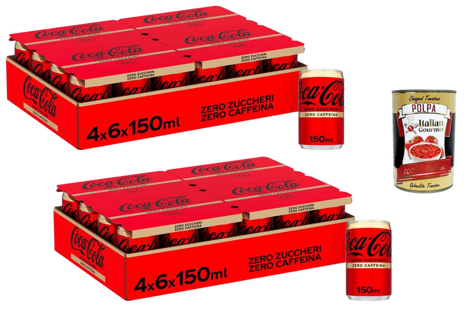Italian Gourmet bundle Cola Getränk zuckerfrei koffeinfrei 48x150ml Vorratspack Mini Dosen 7,2L Softdrink ohne Zucker ohne Koffein kalorienarm Erfrischungsgetränk + Italian Gourmet polpa 400g
