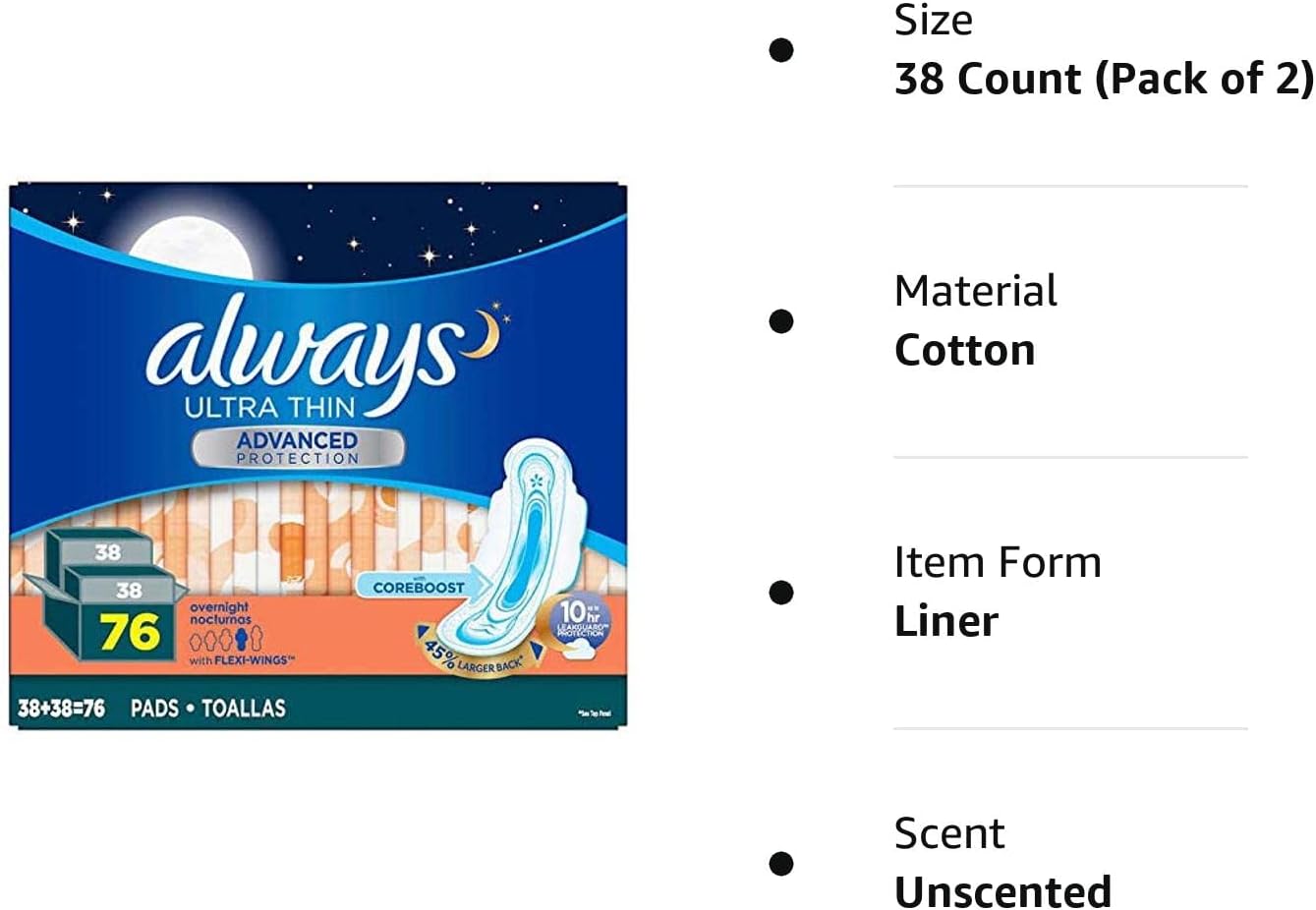 Always Ultra Panty Liners Thin Advanced with Flexi Wings with Coreboost 10 Hours Leak Protection Larger Back 76 Count