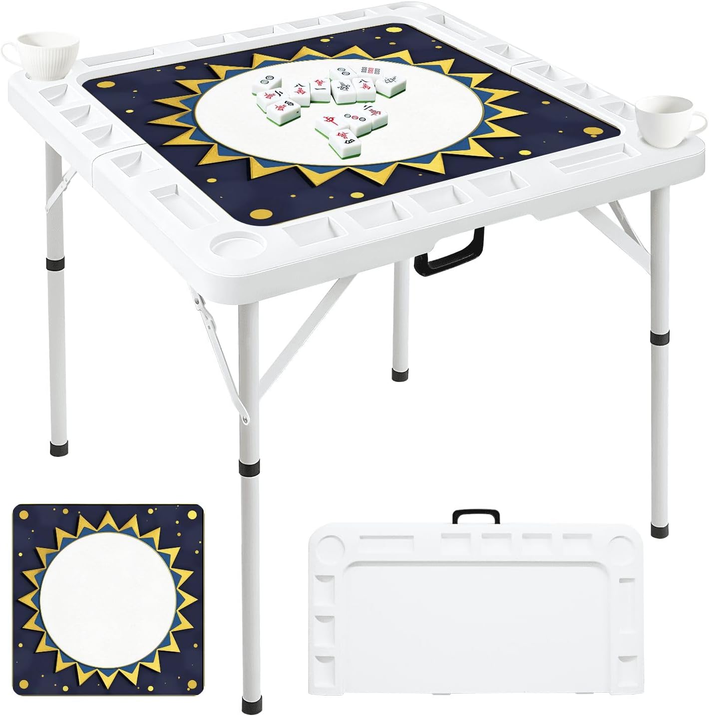 Folding Mahjong Table with Gold Sunburst Circular Frame Deep Blue Decorative Dots Wear-Resistant Mahjong Mat, 4 Cup Holders & Chip Trays for 4 Players Square Portable Card Table for Poker Domino