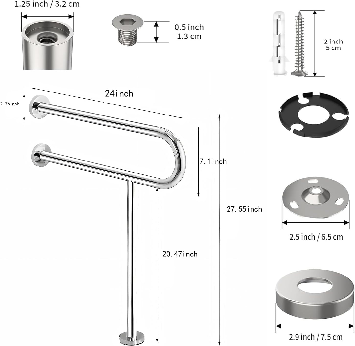 24" x 27.55" Toilet Support Rail Toilet Grab Bar, 304 Stainless Steel Shower Safety Handrail - Anti-Slip Bathroom Support Bar for Elderly, Disabled, Pregnant Women 1.25’Tube