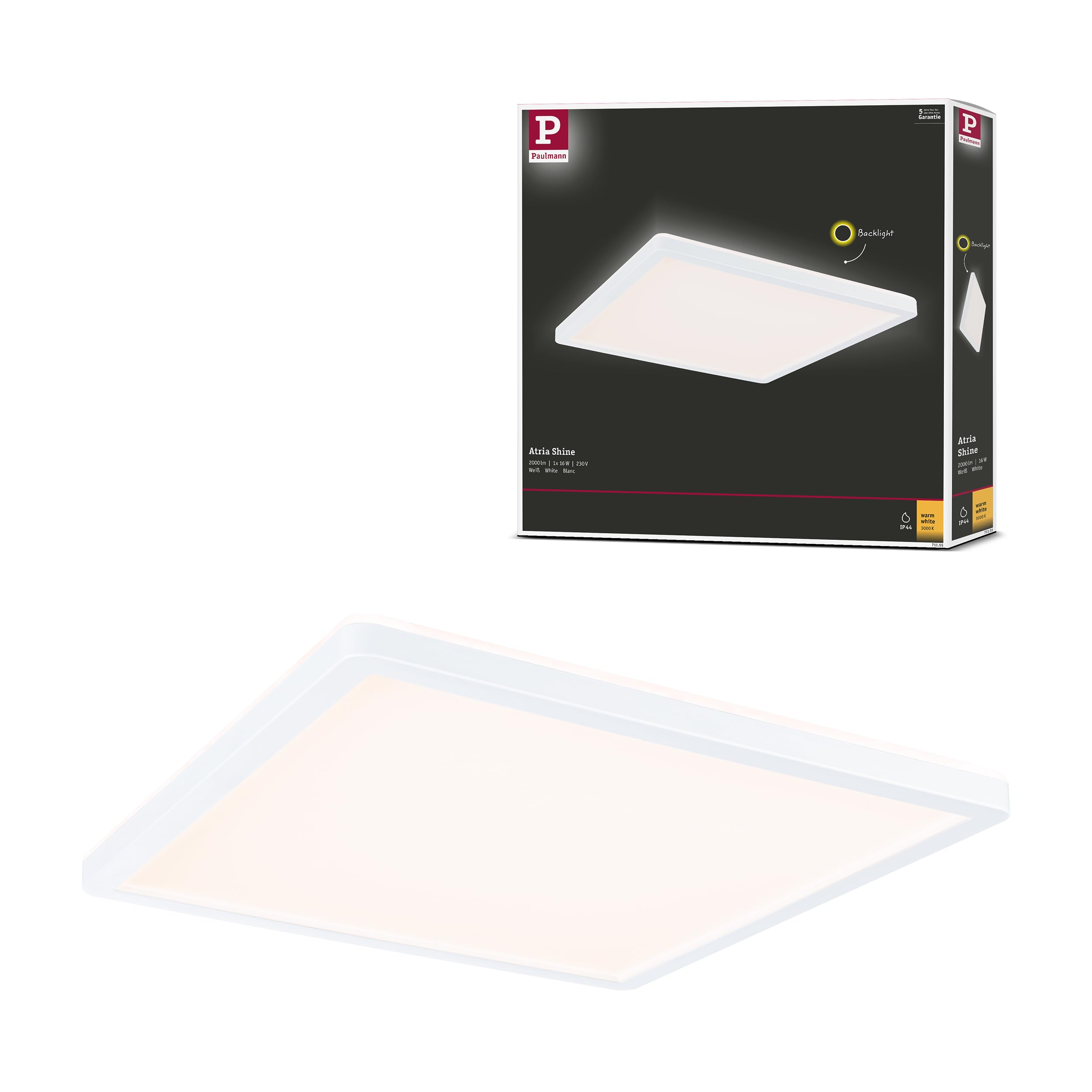 Paulmann 71155 LED Panel Atria Shine Backlight IP44 Rectangular 293x293mm 16W 1600lm 3000K White Ceiling luminaire