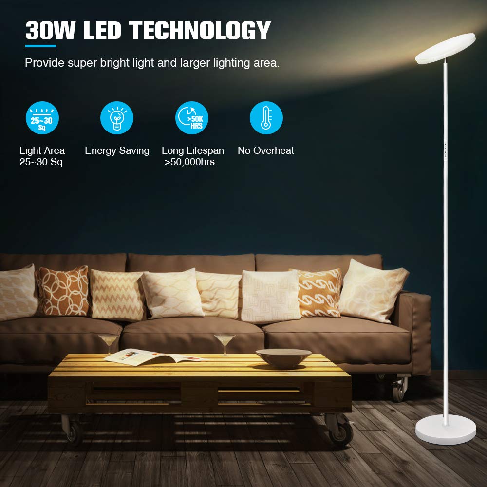 OUTON Stehlampe LED Dimmbar 30W 2400Lumen, Moderne Deckenfluter Stehleuchte Stufenlos mit 4 Farbtemperaturen, Fernbedienung & Touch-Steuerung, 1H Timer für Wohnzimmer Schlafzimmer Büro, Weiß