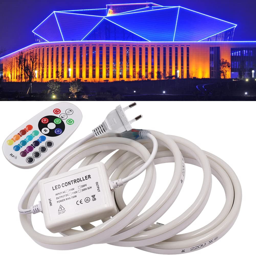 KISUFU RGB Neon LED Streifen,Neon Wasserdicht Strip 220V Outdoor Flexibler DIY Lichtband für Innen Weihnachtsfeier Aussenbereich Schlafzimmer, Schrank, Bar,mit Netzteil und 24 Tasten Controller (5m)