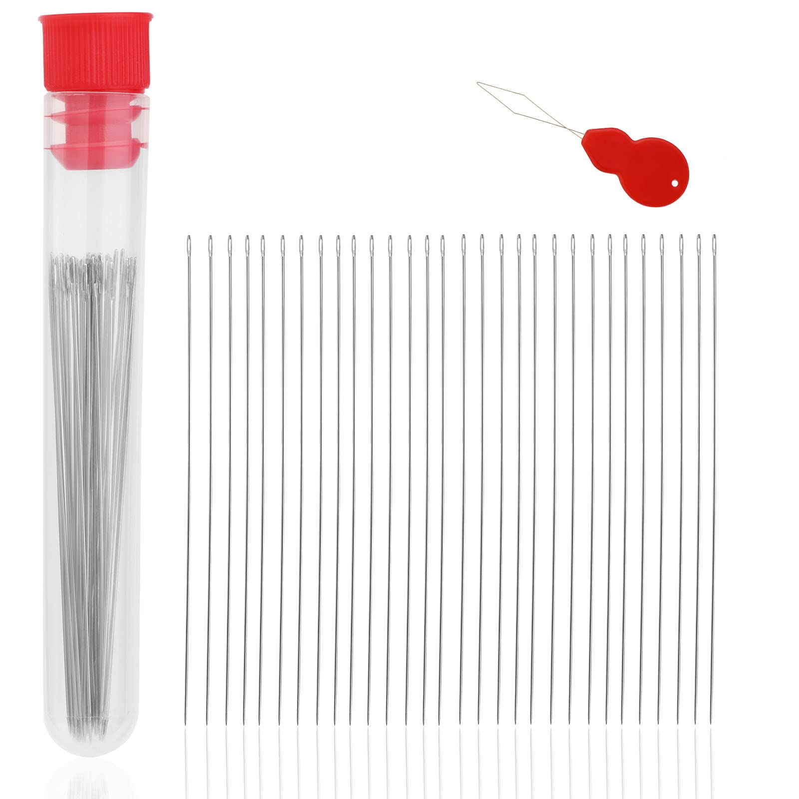Perlennadel-Set 30 Stück lange gerade Perlennadeln, 0,45 ∗ 55 mm, Sticknadeln, Rocailles, Nadeln mit Einfädler und Aufbewahrungsröhrchen für Armbänder und Schmuckherstellung Silber