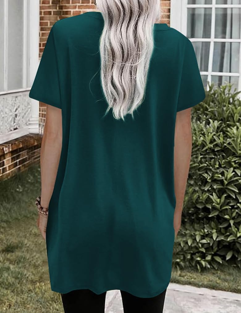 Poetsky Summer Womens Tunic Tops for Leggings with Pockets Short Sleeve Casual Long T Shirts S-3XL