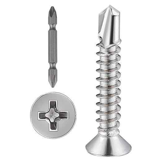 Wensilon(300pcs)#8×1”for Sheet Metal Self-Tapping Screws 410 Stainless Steel Flat Head High-Strength Quick self-Drilling Screws