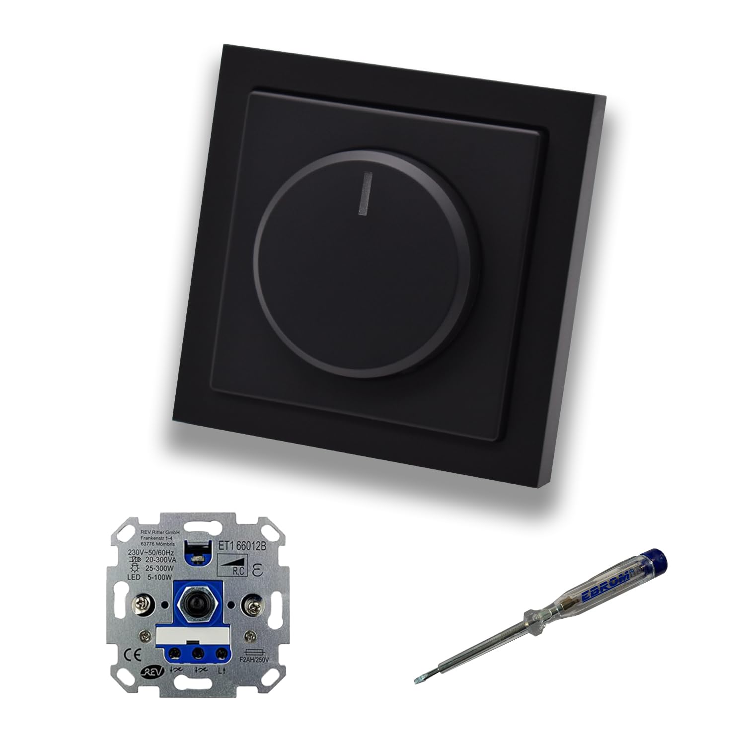 REV Ritter LED Drehdimmer LED-Dimmer mit Busch Jäger Dimmerscheibe Zentralplatte 6540-84-102 Einfachrahmen in Future Linear schwarz matt + EBROM Phasenprüfer z. Montage des Dimmers ET1 66012B