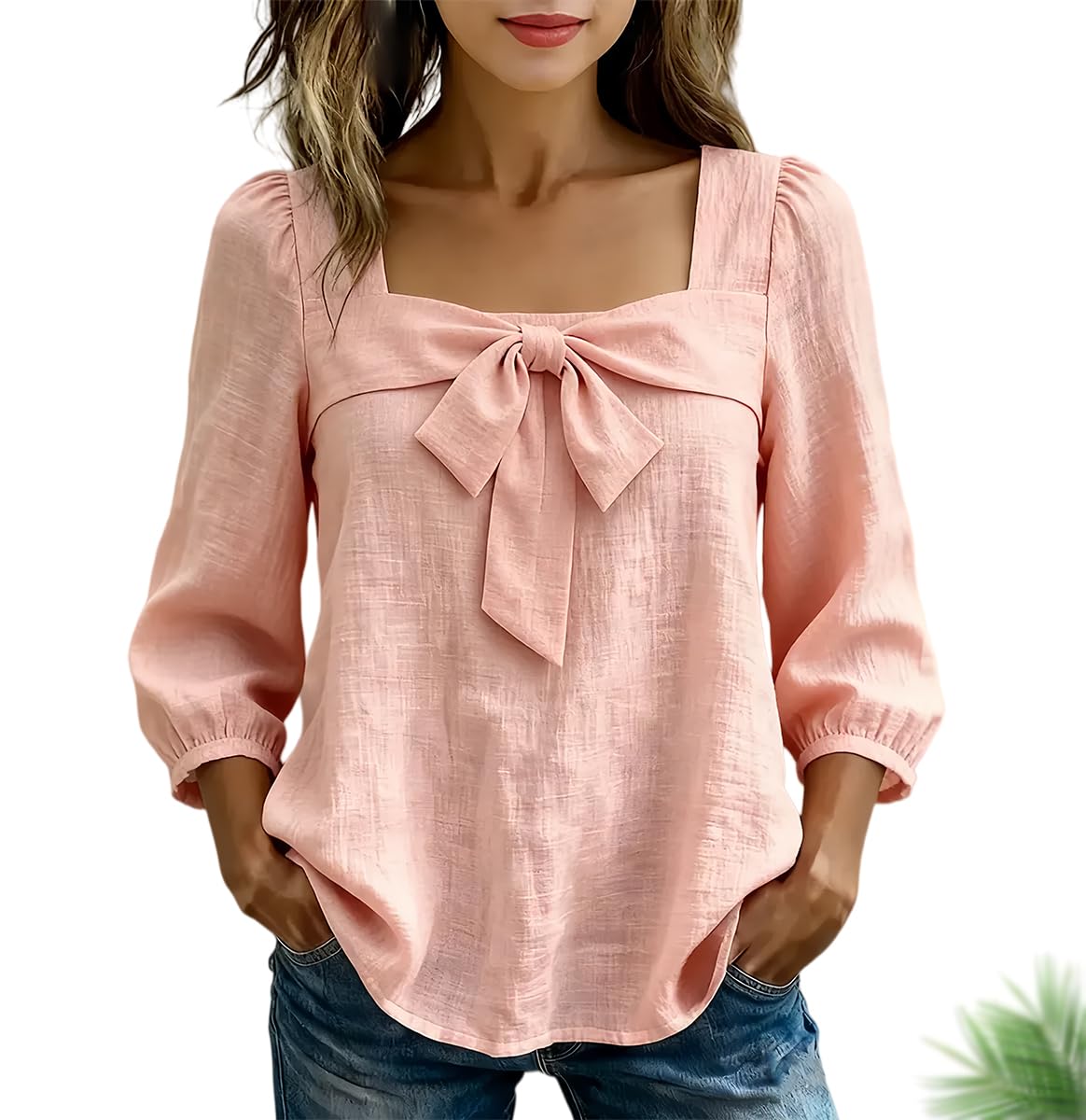 Camisa Casual de Mujer con Lazo, Color Liso, Manga Larga, Cuello Cuadrado, Corte Regular y puños elásticos