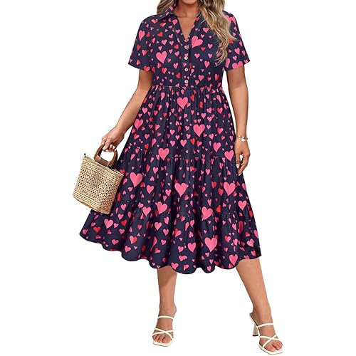 CARCOS Plus Size Dresses for Curvy Women Collared Vneck Short Sleeve Dresses Midi Summer Ruffle Dress with Pocket XL-5XL