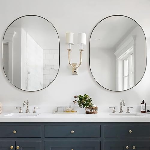 Miniatura 3 de ANDY STAR Espejo de baño de níquel cepillado, espejo ovalado de níquel de 30 x 40 pulgadas, espejo en forma de píldora de níquel en marco de metal