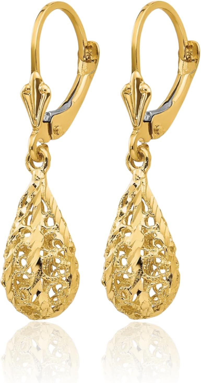 IceCarats 14K Solid Yellow Gold Medium Filigree Dangle Earrings 30mm 1.2 inch Lever Back, Diamond Cut For Her