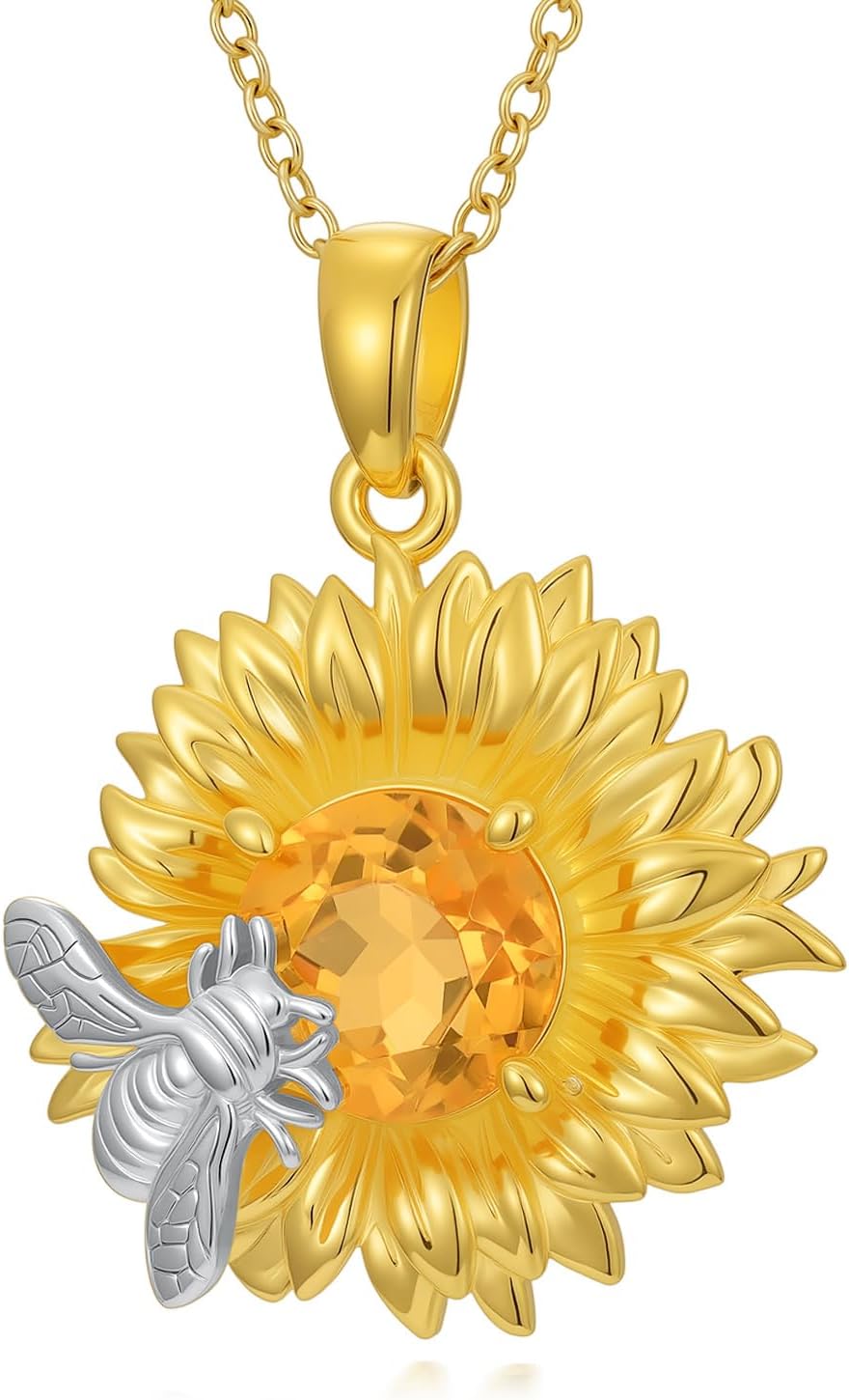 Natural Citrine Sunflower Necklaces for Women with Cute Bee 925 Sterling Silver Citrine You're My Sunshine Sunflower Pendant Real Birthstone Gemstone Jewelry Gifts for Mother