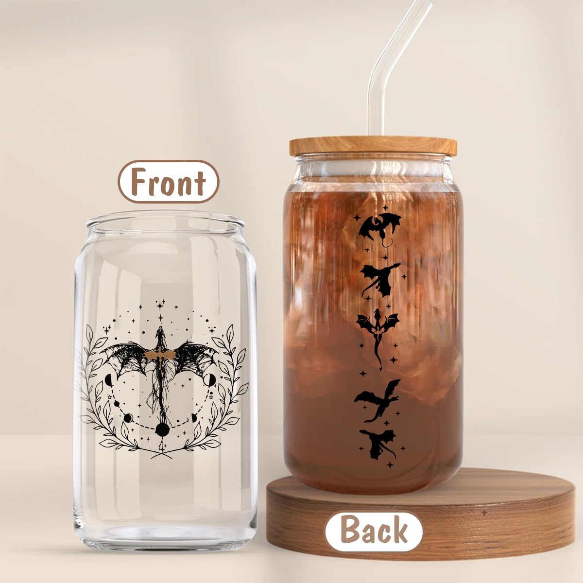 Fantasy Book Lover 16oz Glass Cup with Lid and Straw, Wing Glass Tumbler, Unique Gift for Fantasy Book Lovers